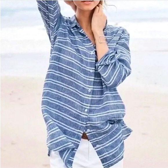 New Garnet Hill Easy Linen Tunic Button Up Shirt Blue Coast Stripe Petite - Picture 1 of 11